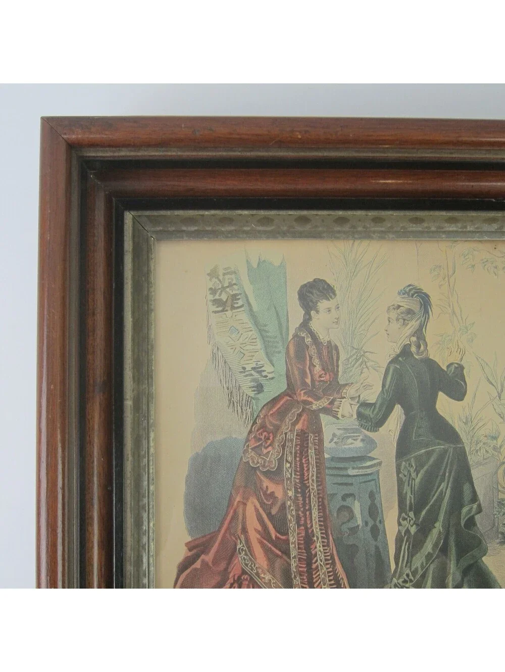 Antique Victorian Deep Picture Frame Wood Gilt La Mode Paris Print in Glass 16